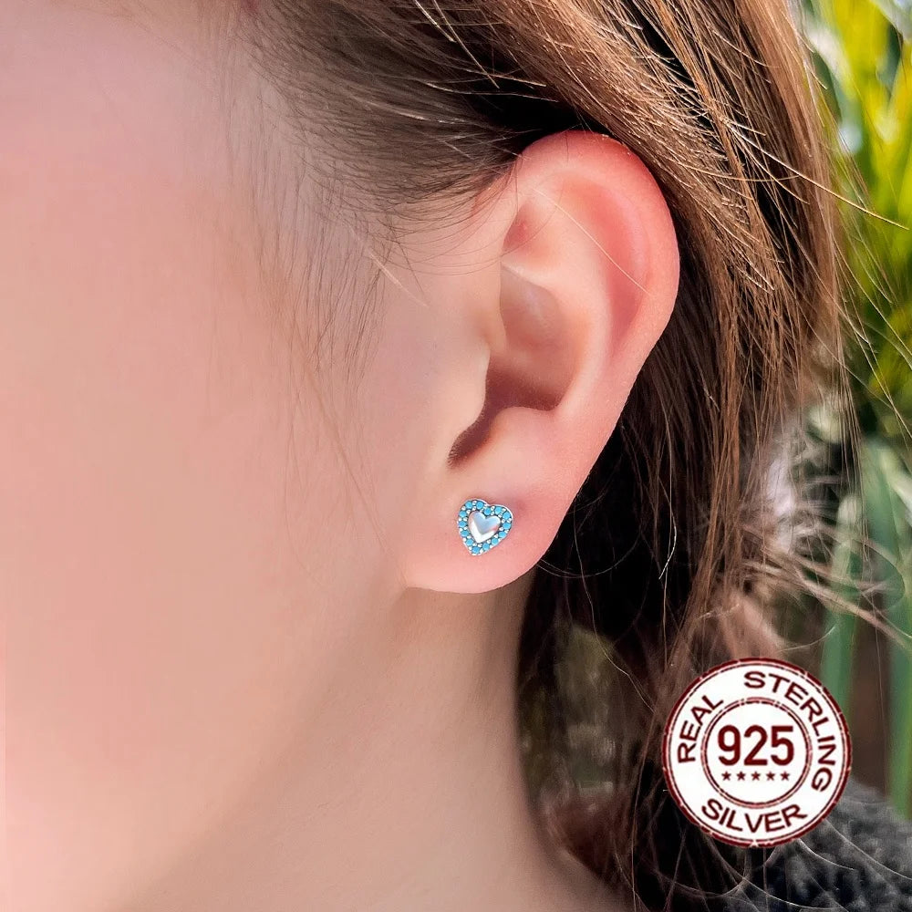 Sterling Silver Blue Turquoise Heart Stud Earrings