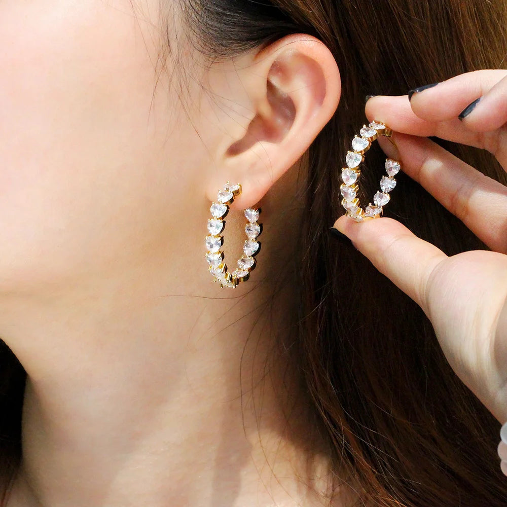 Gold Plated Heart-Cut Cubic Zirconia C-Hoop Earrings