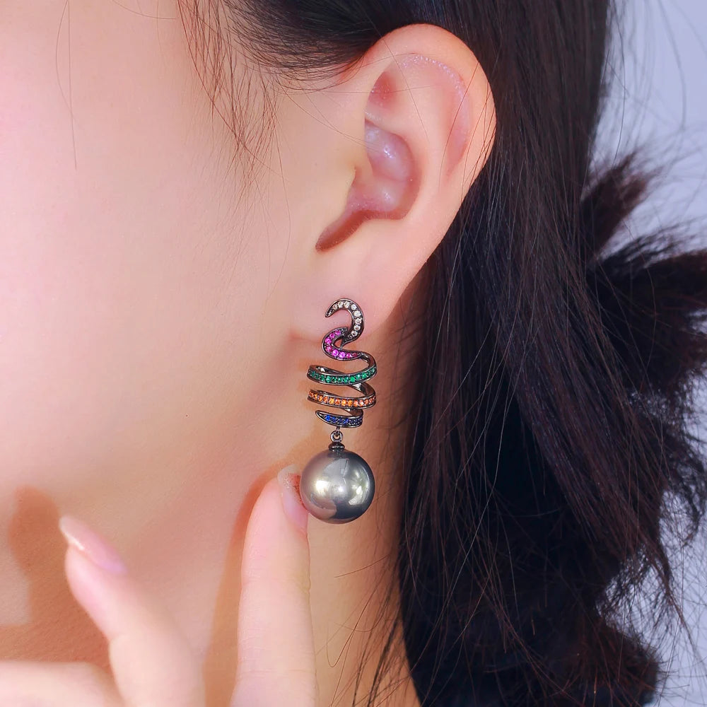 Moonlit Mirage Earrings – Multicolor CZ & Grey Pearl Glam Drops