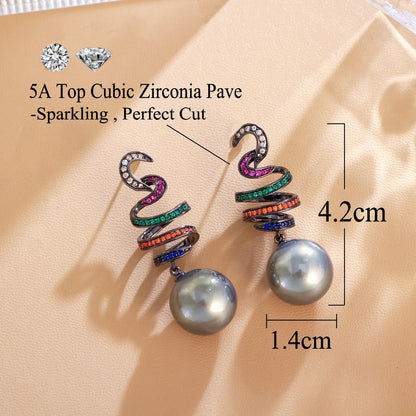 Moonlit Mirage Earrings – Multicolor CZ & Grey Pearl Glam Drops