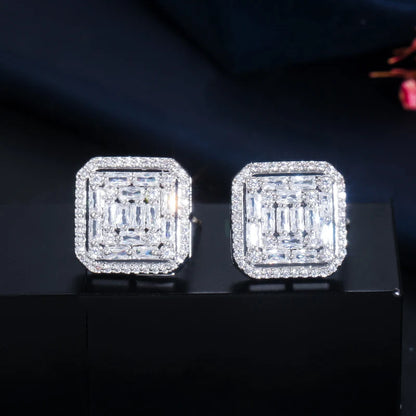 Fancy Square Stud Earrings | Gorgeous Sparkle in White Gold