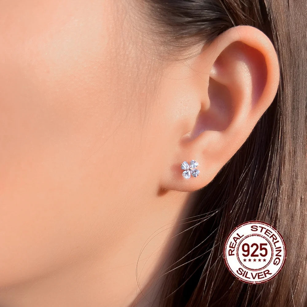 Blossom Heart Flower Studs | Silver four heart-cut 5A Cubic Zirconia stones
