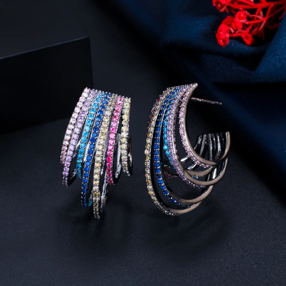 Bold Rainbow Spark Hoop Earrings | Multicolor Magic with Black Gold Drama