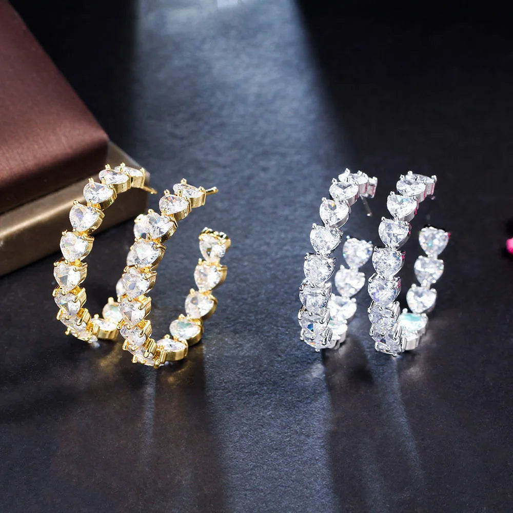 Gold Plated Heart-Cut Cubic Zirconia C-Hoop Earrings