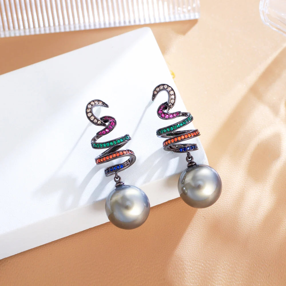 Moonlit Mirage Earrings – Multicolor CZ & Grey Pearl Glam Drops