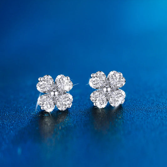 Blossom Heart Flower Studs | Silver four heart-cut 5A Cubic Zirconia stones