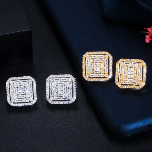 Fancy Square Stud Earrings | Gorgeous Sparkle in White Gold