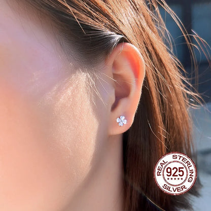 Blossom Heart Flower Studs | Silver four heart-cut 5A Cubic Zirconia stones