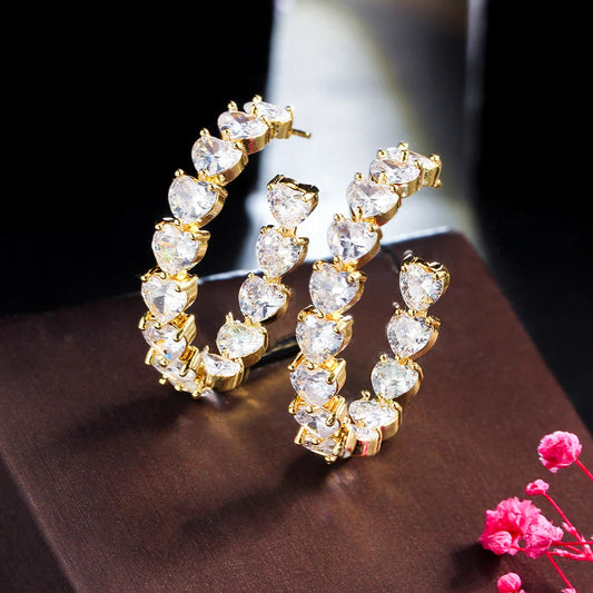 Gold Plated Heart-Cut Cubic Zirconia C-Hoop Earrings