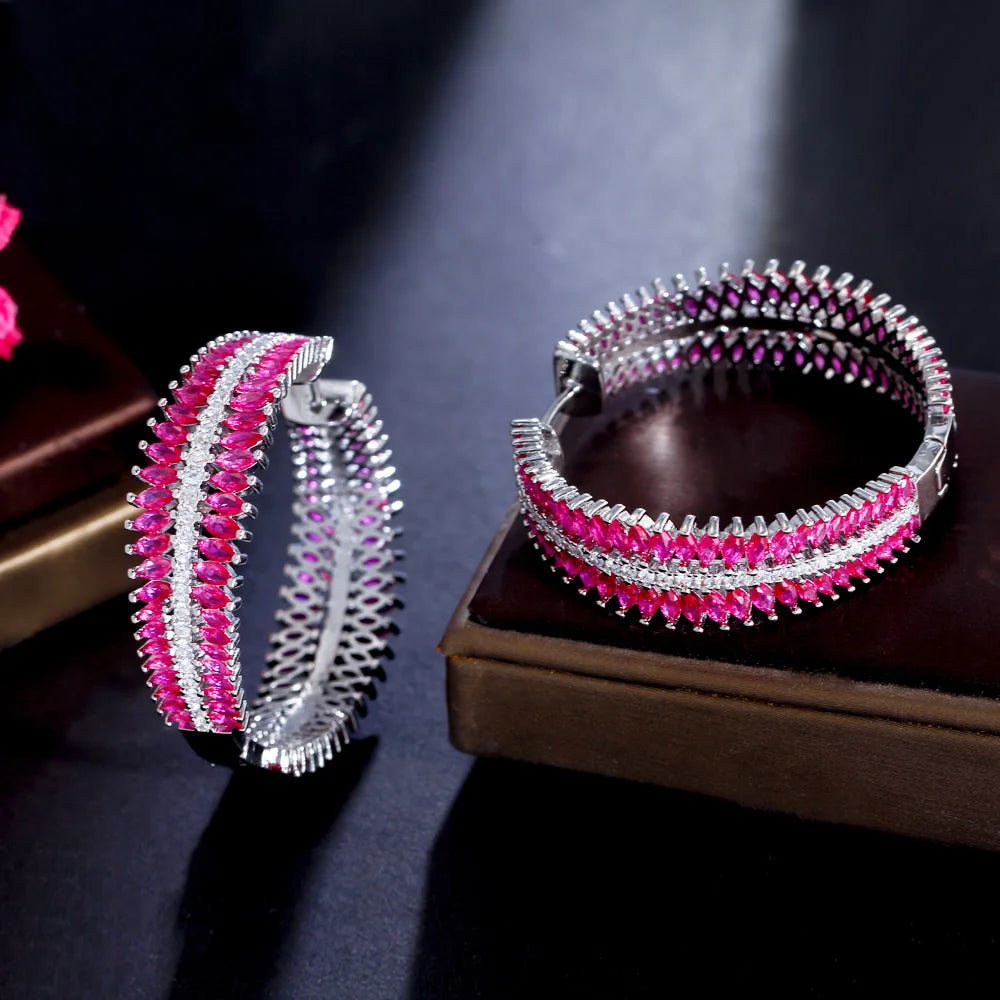 Fuchsia Frenzy Hoops – Marquise CZ & Chunky Gold Glam