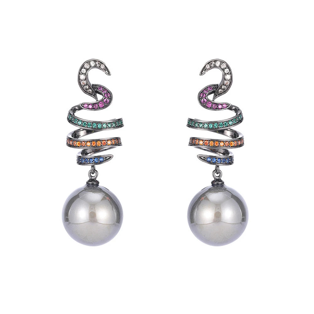 Moonlit Mirage Earrings – Multicolor CZ & Grey Pearl Glam Drops
