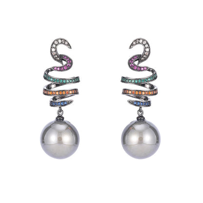 Moonlit Mirage Earrings – Multicolor CZ & Grey Pearl Glam Drops