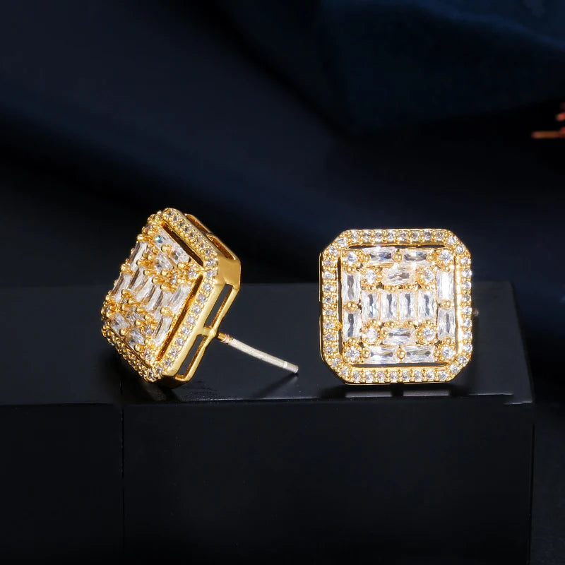 Fancy Square Stud Earrings | Gorgeous Sparkle in White Gold