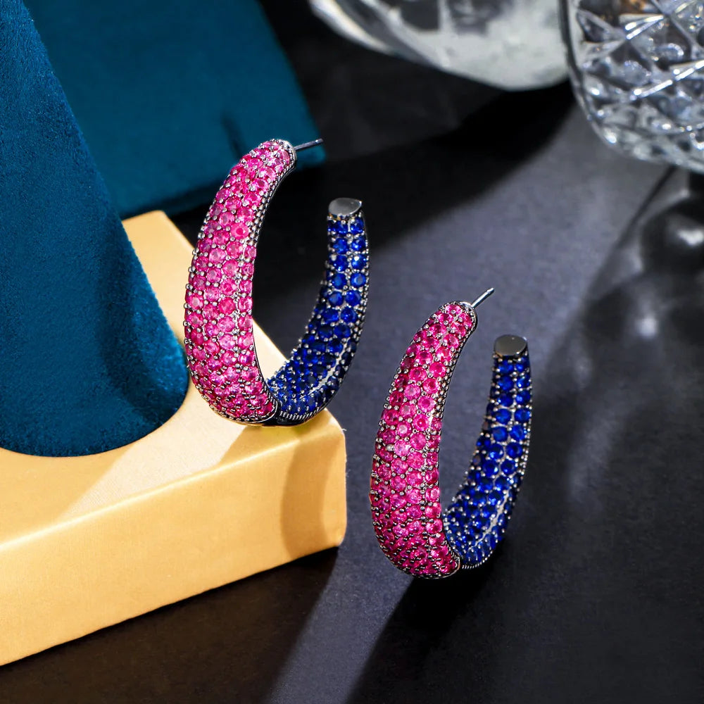 Vibrant Circle Hoop Earrings | Combination of red and blue cubic zirconia