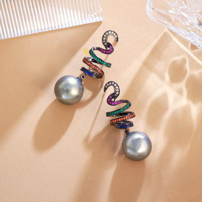 Moonlit Mirage Earrings – Multicolor CZ & Grey Pearl Glam Drops
