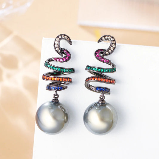 Moonlit Mirage Earrings – Multicolor CZ & Grey Pearl Glam Drops