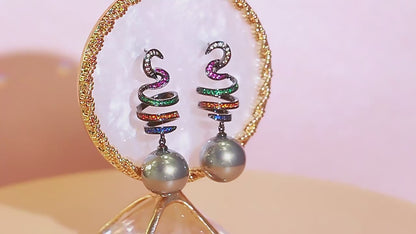 Moonlit Mirage Earrings – Multicolor CZ & Grey Pearl Glam Drops